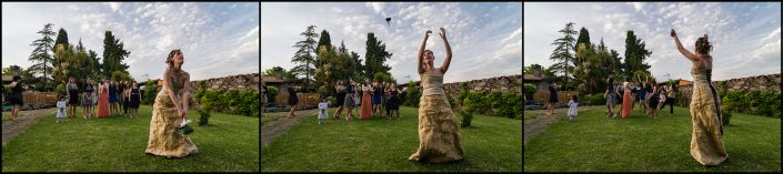 Sequenza lancio del bouquet, matrimonio Nicola e Giulia. Foto scattata a Bauladu, provincia di Oristano